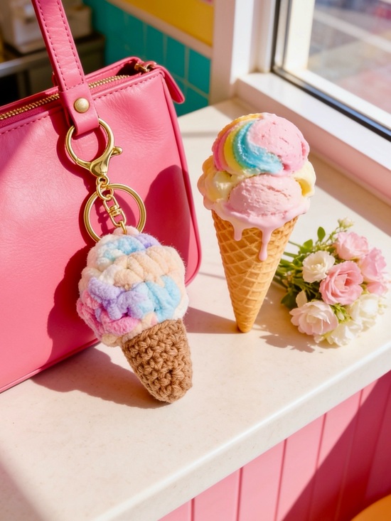 Accessories - Plush Pastel Rainbow Ice Cream Cone Bag Charm - Pastel Multicolor